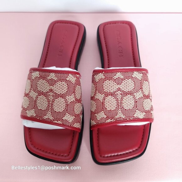 COACH FLORENCE Signature Logo Jacquard Slide Sandals- Ruby multi-Women’s Size 6B - Picture 1 of 16